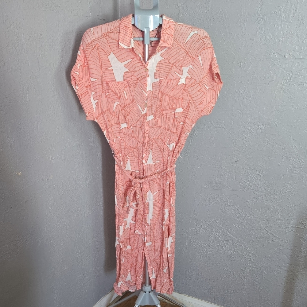 Parfois Leaf Print Dress Tropical Vacation Resort Pockets Midi
